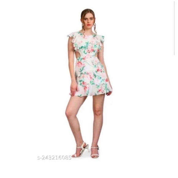 White Floral Cut Out Mini Dress - Picture 3 of 12